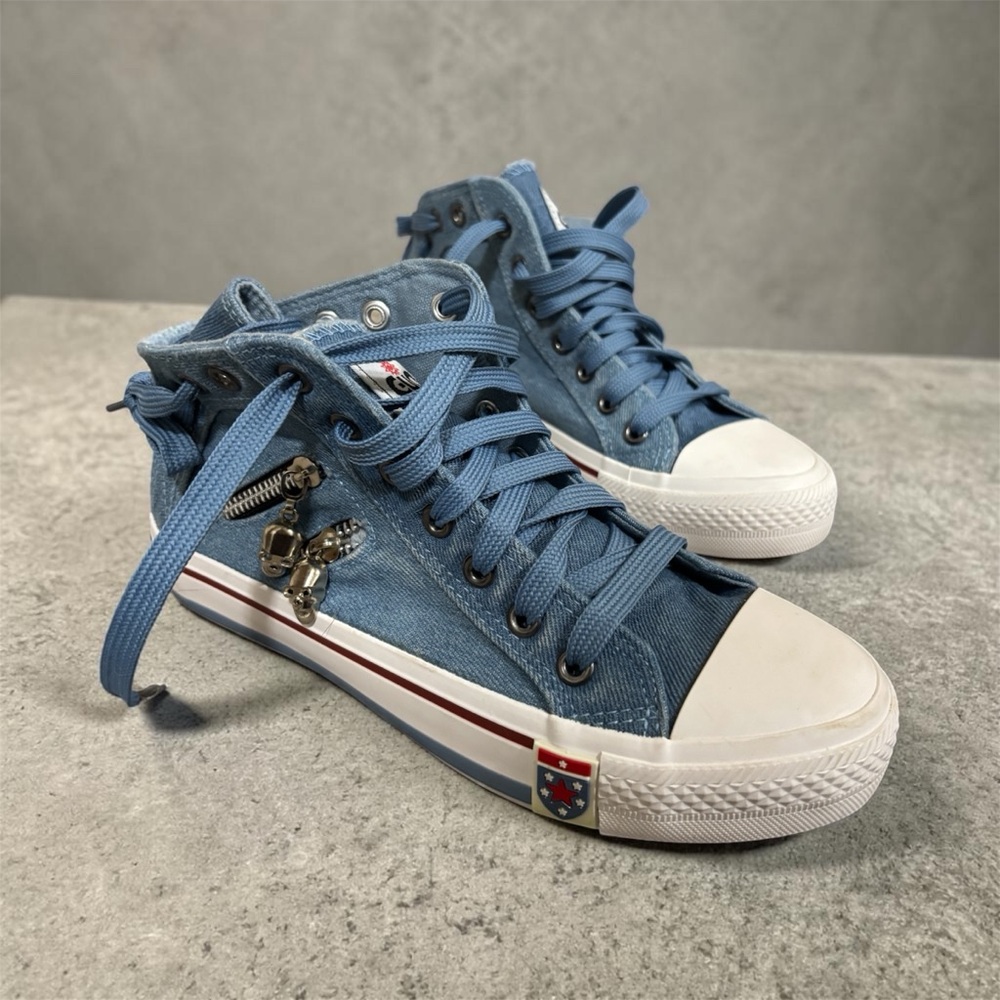 Blue High-Top Canvas Sneakers with Side Zipper Charm